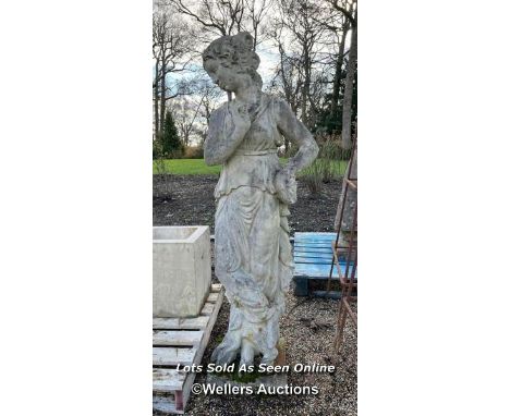 TALL STONE STATUE OF CLASSICAL LADY ON PLINTH, 234CM (H) / ITEM LOCATION: LINGFIELD (RH7), FULL ADDRESS WILL BE GIVEN TO SUCC