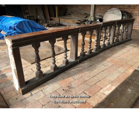 *OAK BALUSTRADE, RECLAIMED FROM CHURCH, WITH 2X HINGED GATES IN CENTRAL SECTION, 1X SECTION IS 66CM (H) X 173CM (W) X 17CM (D