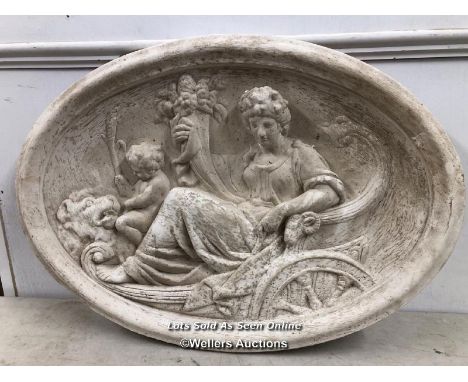 ROMAN INSPIRED WALL PIECE^ MADE FROM PLASTER^ DEPICTING CHERUB AND LADY ON CHARRIOT^ 78CM (W) X 54CM (H) / ITEM LOCATION: GUI