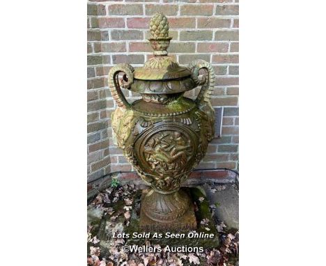 INTRICATELY DETAILED CAST IRON URN, WITH PINEAPPLE FINIAL, RAMS HEAD HANDLES, 128CM (H) / ITEM LOCATION: LINGFIELD (RH7), FUL