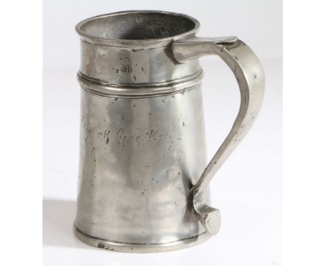 A rare George I pewter quart high single-fillet straight-sided tavern pot, circa 1715  Having a truncated cone body with high