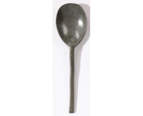 A Charles I pewter slip-top spoon, circa 1640  Having a flattened hexagonal stem, fig-shaped bowl with maker’s mark of ‘RA’, 