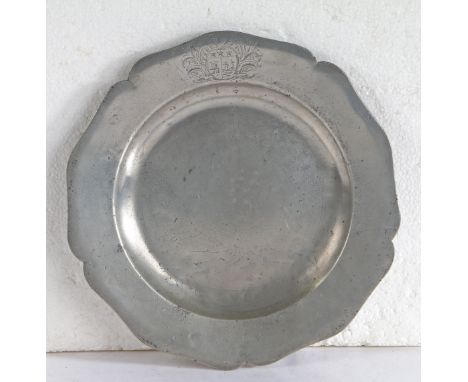 David Garrick interest: A George II pewter wavy-edge plain rim plate, circa 1755  The rim with five lobes and engraved with t