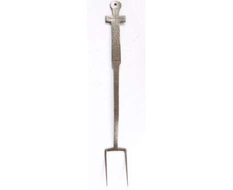 An early 19th century steel meat fork, English, circa 1800-30  Having two slightly curved tines, a flattened tapering stem br