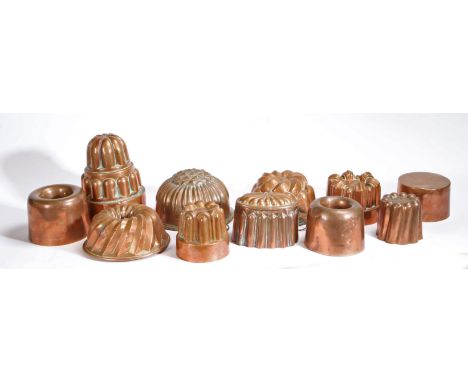 A group of ten 19th century and later copper jelly moulds, English  To include lobed, fluted turret and plain ring examples, 