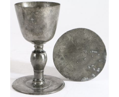 An exceptionally rare Charles I/Commonwealth pewter ‘recusant’ chalice and accompanying paten, probably Lancashire, circa 164