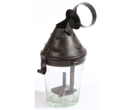 A rare and small early 19th century sheet iron and glass ‘tumbler’ hanging lantern,  Anglo-Dutch  The hinged conical cowl wit
