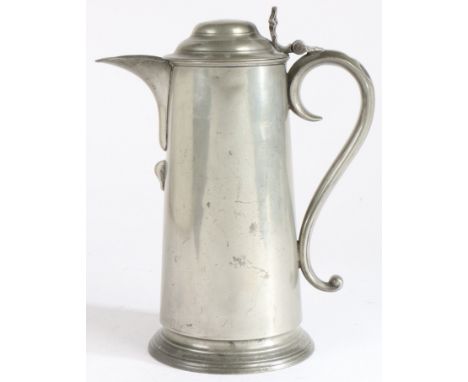 A George III pewter spouted domed-lidded flagon, circa 1790-1820  Having a plain straight-sided tapering body, a large spout 