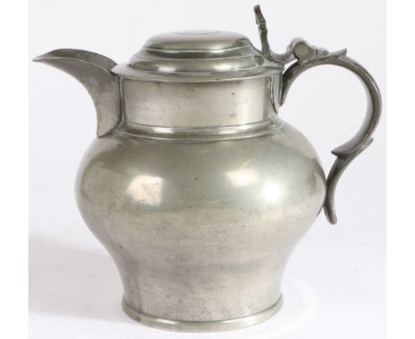 A large George III pewter domed-lidded ale jug, Birmingham, circa 1790-1820  Having a body of bulbous ovoid form, a large spo