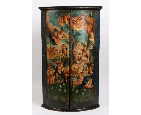 A George III pine painted mural corner cupboard, circa 1800  Of bow-front form, the doors painted with Flora reclining on a d