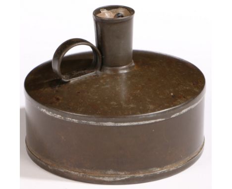 A late George III sheet-iron canister-form tinder box socket candlestick, circa 1800  Having an unusual domed lid centred by 