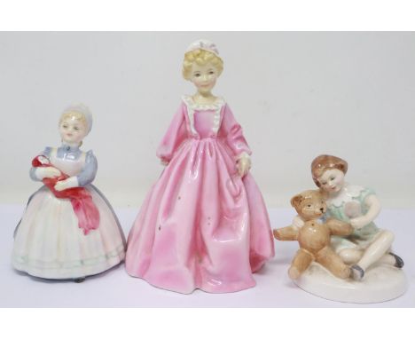 Two Royal Doulton figurines, My Teddy and The Rag Doll, and a Royal Worcester figurine, no cracks or chips, largest H: 17 cm.