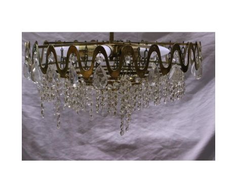 1980s brass and glass chandelier, some glass drops loose but present, D: 50 cm. Not available for in-house P&amp;P 