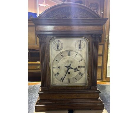 Winterhalder &amp; Hofmeier triple fusee oak cased bracket clock, chiming on a gong with silvered dial, working at lotting. N