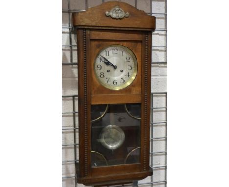 Mahogany cased wall clock with glass door, pendulum and key. Not available for in-house P&amp;P 