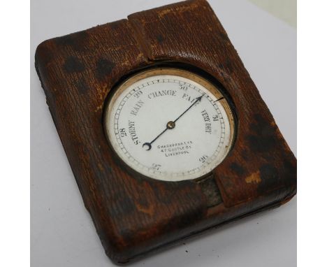 Chrome cased pocket Barometer in a wooden case by Chadburns, 47 Castle St, Liverpool, case damaged, D: 70 mm. UK P&amp;P Grou