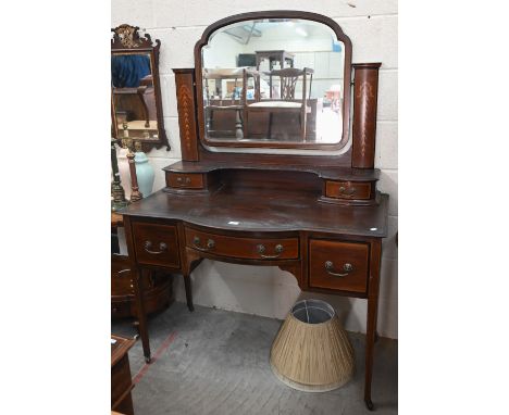 An Edwardian stained walnut inlaid Sheraton revival dressing table, 114 cm w x 56 cm d x 160 cm h to/w a mahogany stool with 
