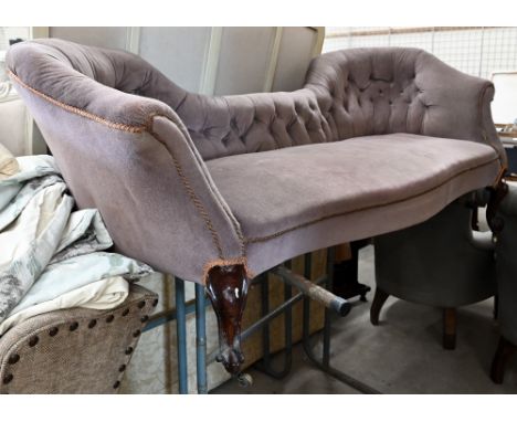 A Victorian mahogany famed salon settee upholstered in brown button back fabric, shaped front legs with casters, 170 x 80 x 8
