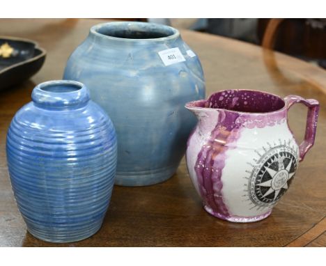 A Sunderland-style lustre jug, printed with a compass and ode to a doomed sailor to/w two Moorcroft vases with mottled blue g