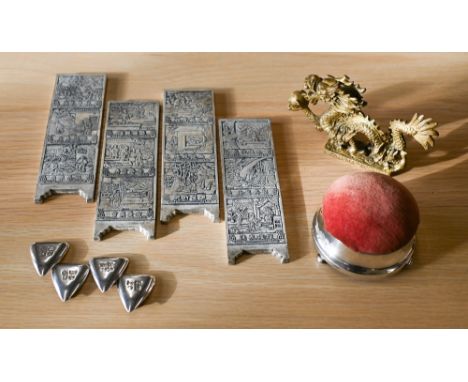 A silver pin cushion/ring box, Birmingham 1924, to/w four modern design triangular ear-clips/buckles, London 1987, a set of f