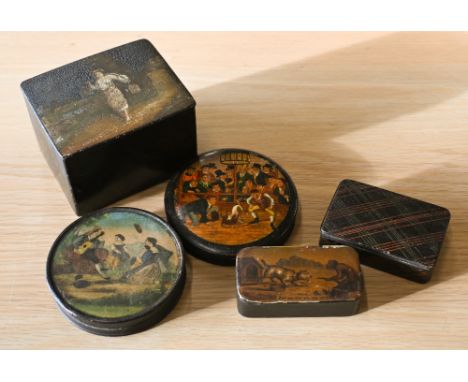 An early 19th century Continental papier maché snuff box of flattened cylindrical form, the cover printed with dog-fighting s