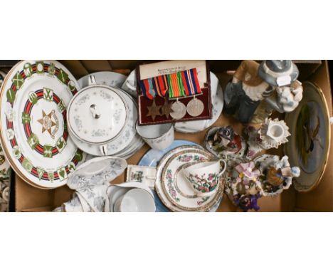 A Spode dinner plate painted with Mallards, to/w various Continental ceramic figures, two Burma Campaign commemorative plates