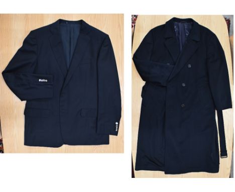 An Italian navy cashmere men's overcoat for Bressler/Ahmet Yosuf, with belt to/w Dunhill navy wool blazer (unsized but probab