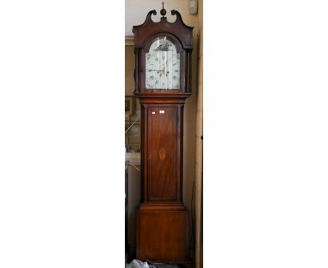 An early 19th century mahogany longcase clock with eight day movement and floral-painted arch dial, 227 cm overall