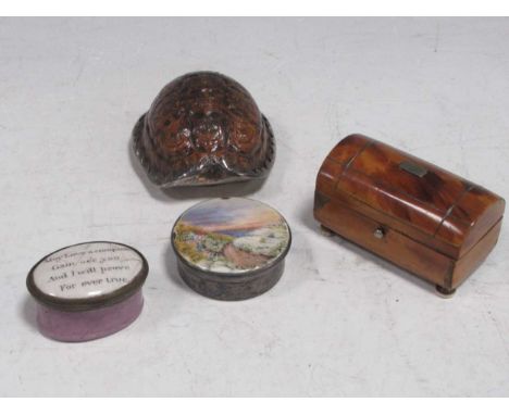 A turtle shell and silver mounted snuff box; a minature tortoiseshell casket, a South Staffordshire pill box and a silver and