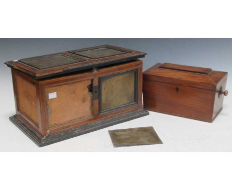 A 19th century walnut and brass panelled box or casket, 19th century, each brass panel engraved with a biblical scenes, to in
