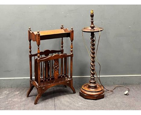 A barleytwist standard lamp with shelf 106cm high, a combination oak magazine rack with book shelf above 87 x 47x 25cm and a 
