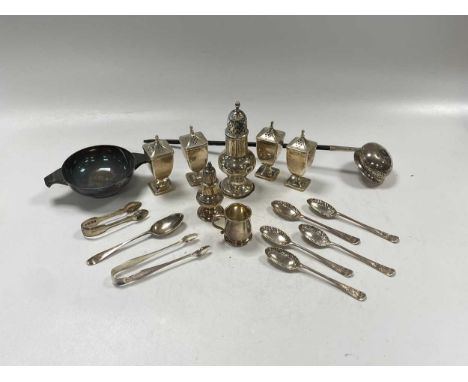 A collection of silverware including cruets, quaich, caster, punch ladle etc., 555g (19.6ozt) gross weighable silver