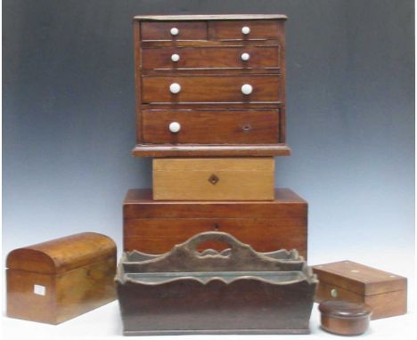 A 19th century miniature chest of drawers, a Victorian walnut tea caddy, a cutlery tray etc.