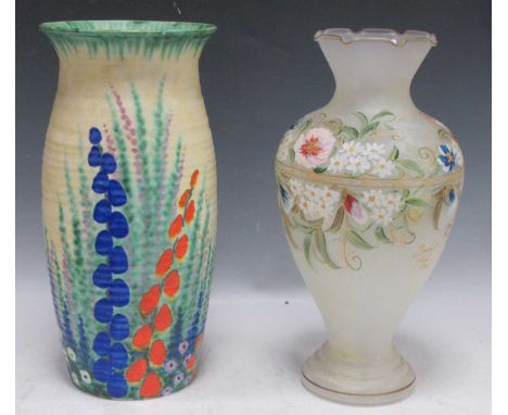 A Crown Devon floral yellow ground vase, stamp on the bottom of the base, 38cm H and a satin frosted glass vase with hand pai