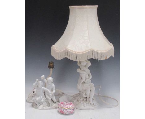 A Meissen blanc de chine figural table lamp base, another and a Meissen trinket box and cover