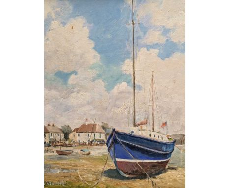 W. K. Towell (20th Century British) Boats at low tide,signed lower left,oil on board,49.5cm x 39.5cm