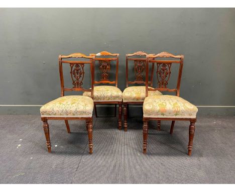 Four mahogany carved back dining chairs with floral upholstery; together with floor lamp, mahogany oval occasional table 55cm