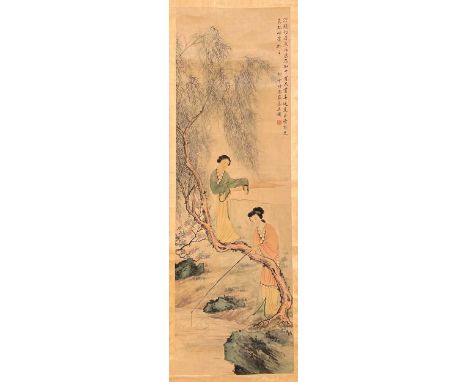 A Chinese scroll painting, depicting female figures fishing beneath a tree, with calligraphy and artist's seal mark,total siz