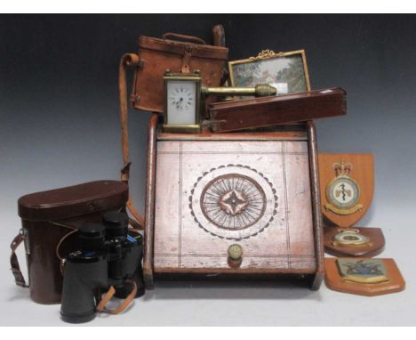 A brass carriage clock, a Victorian oak coal purdonium, two cased pairs of binoculars, a set of bone dominoes etc.