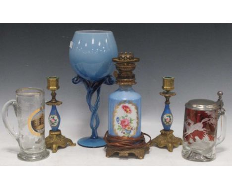 A Venetian blue glass vase with twisted twin stem 32cm high, a Rein Zinn red glass tankard decorated with a horse rider withi