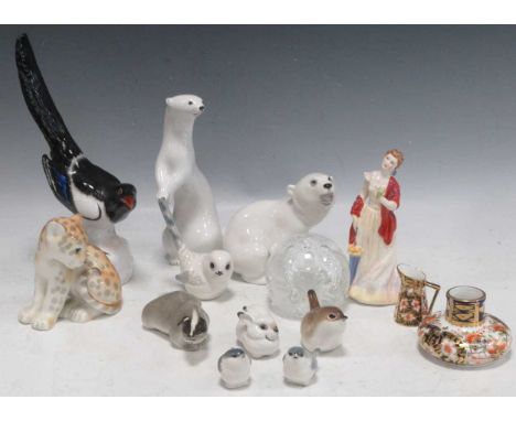 A miniature Derby Imari vase, together with a collection of Russian porcelain animal and bird models, a Doulton figure of Esm