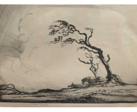 Ernest Herbert Whydale (British.1886-1952) Horse being protected by a tree in windy weather,signed in pencil,etching,22cm x 2