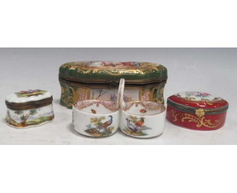 A Meissen two compartment trinket stand; a french porcelain box and cover, a Meissen style box and cover and a Limoges porcel