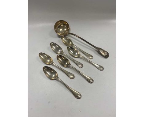 A set of 6 George III silver tablespoons, 444g (14ozt) together with a soup ladle (7)