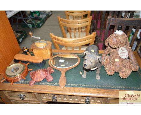 A novelty door stop; dog ornament; various wooden items to include a wooden coffee grinder; barometer; mirror etc