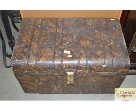 An Edwardian tin trunk together with a plant stand in the form of a guitar 