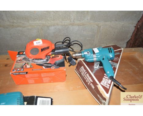 A Black &amp; Decker orbital sander; and a Black &amp; Decker electric drill (no lead)