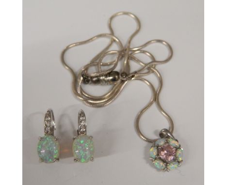 A pair of opal dublet earrings and a opal set silver pendant on chain