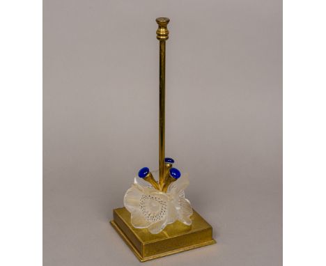 A Lalique brass and glass three anemone pattern table lamp, the central brass column issuing three blue glass bead mounted st