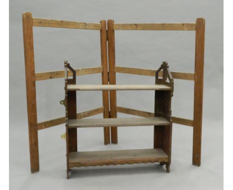 A Victorian oak hanging shelf and a pine clothes airer